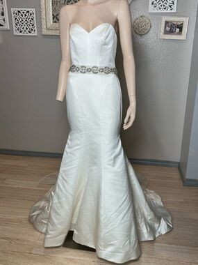 Zac Posen Ivory Strapless Satin Mermaid Wedding Gown with Beaded Belt